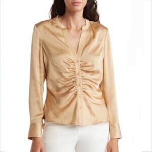 DR2 Daniel Rainn Gathered Satin Button Front Shirt L Gold Career Modern NEW